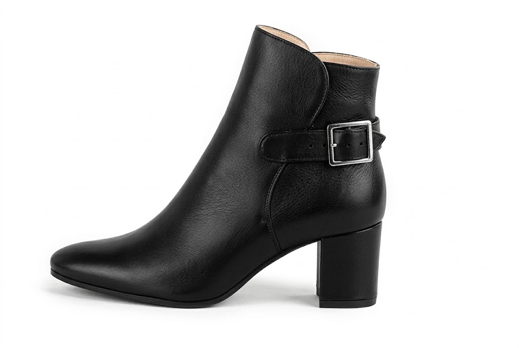 Sophisticated leather ankle boots detailed with an elegant back buckle and heel-strap finish for a distinct couture look, in black leather with round toe and mid block heel - Florence KOOIJMAN